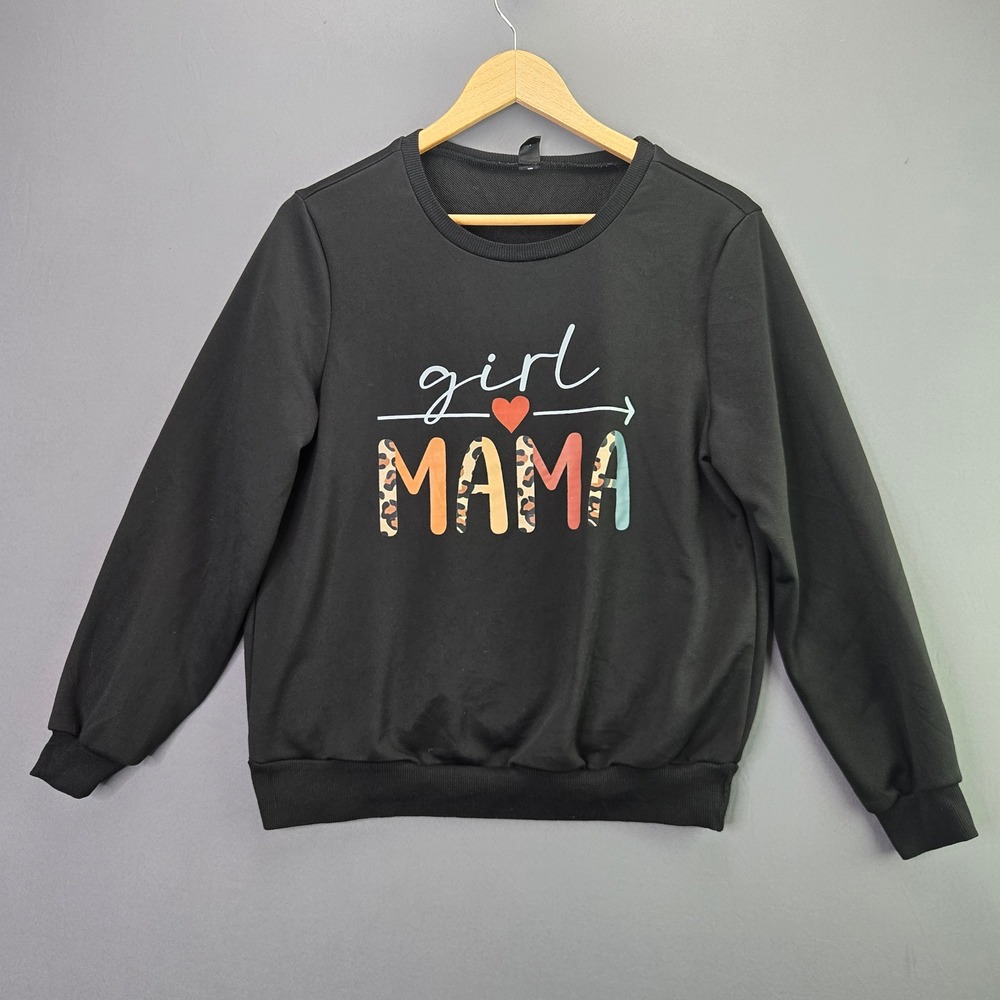 SHEIN Girl Mama Sweatshirt Graphic Pullover M Black Leopard Heart Long Sleeve